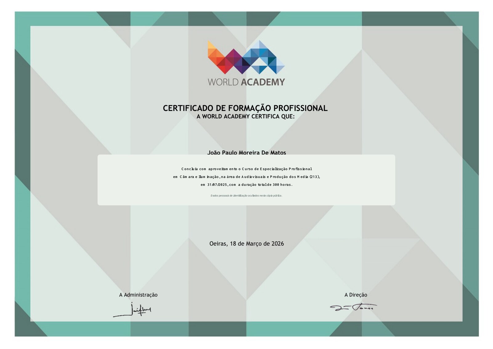 Diploma de formação profissional em Câmara e Iluminação da World Academy